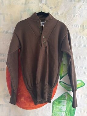 Vintage Men's Brown Military Button-Neck Knit Sweater